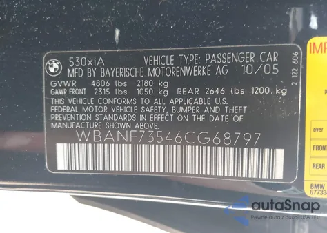 2006 BMW 530Xi z USA, uszkodzony, nr VIN WBANF73546CG68797